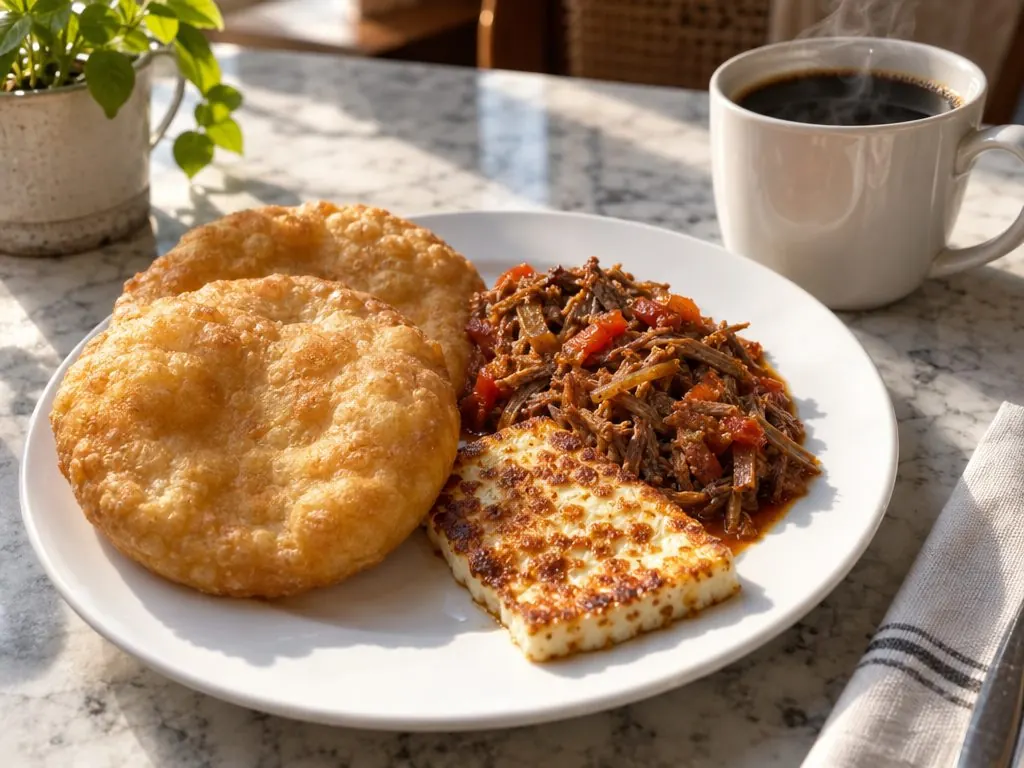 Hojaldras with fried cheese, chopped steak and coffee
