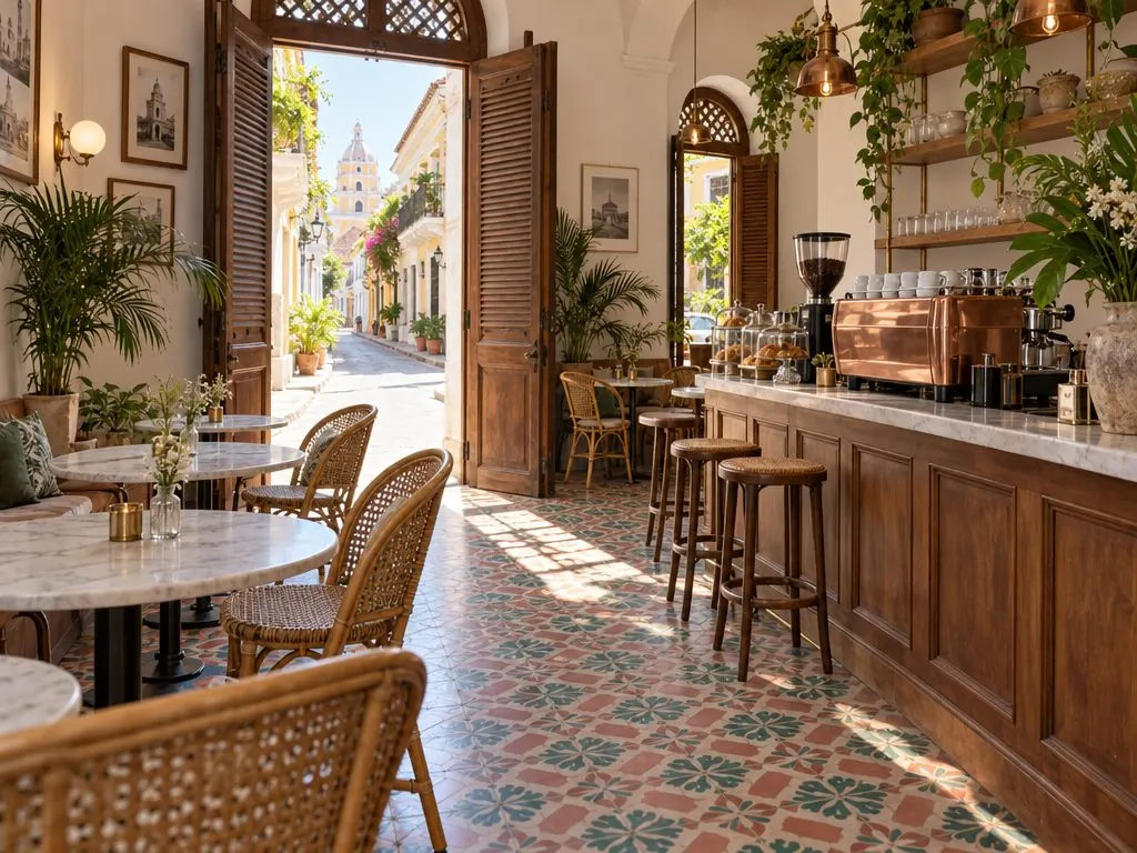 Colonial dining room with colorful tiles and plants